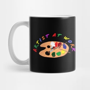 Artist at Work. Wooden Artist Palette with Colorful Paints and Brushes. Multicolored Lettering. Black Background. Mug